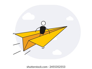 Character on a paper airplane flying in the sky. Vector illustration. Plane symbolizing vision, freedom, business success and leadership