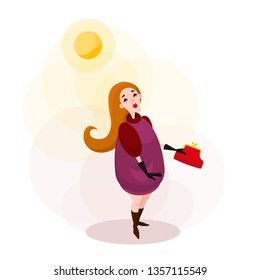 The character on the walk welcomes the sun. A young blond woman in a coat and gloves with a clutch in her hand walking in sunny weather. Vector illustration in cartoon style.