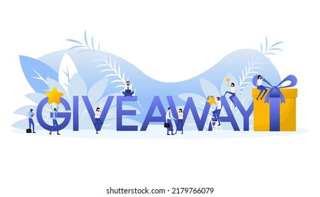 Character on white backdrop. Giveaway letters with flat people. Social media text