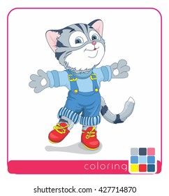 character, on a white background, black and white, to color the cat, the cat in blue pants, good cat, good pictures, pictures for children, illustration, fairytale, story about the cat