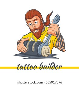 A character on a white background, making the tattoo machine with tattoos on his hands