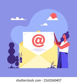 Character opening advertising mail or promotional offer with sales and discounts. E-mail marketing, communication and promotion concept