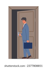 Concepto de puerta de apertura de caracteres. El hombre sale de casa o de la oficina. Joven con traje y maleta cerca de la puerta. Plantilla y diseño. Dibujo vectorial plano de dibujos animados aislado en fondo blanco