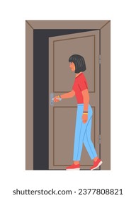 Character opening door concept. Woman leave home or office. Young girl in casual clothes near doorway. Poster or banner. Cartoon flat vector illustration isolated on white background