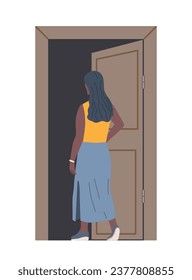 Character opening door concept. Woman leave room or office. Young girl in apartment or home. Graphic element for website. Cartoon flat vector illustration isolated on white background