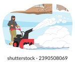 Character Operates A Snowblower at House Front Yard, Shooting Snow From A Machine Chute, Clearing A Snowy Path Efficiently On A Chilly Winter Day. Cartoon People Vector Illustration