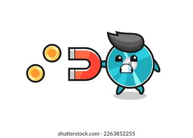 the character of optical disc hold a magnet to catch the gold coins , cute style design for t shirt, sticker, logo element