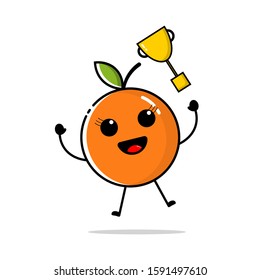 Character of orange fruit with flat design style, which is throwing a golden trophy
