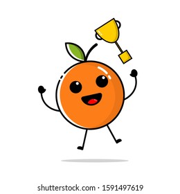 Character of orange fruit with flat design style, which is throwing a golden trophy