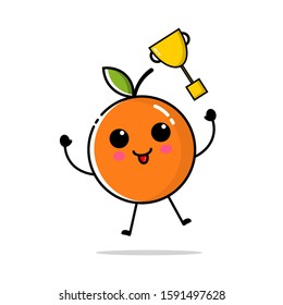 Character of orange fruit with flat design style, which is throwing a golden trophy