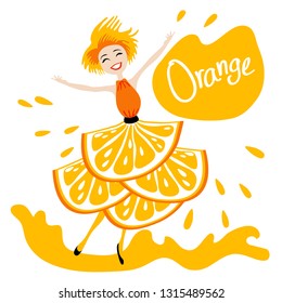 Character orange girl. Orange flavor. A girl dressed in orange costume. Cartoon character. Concept for advertising, labels, stickers, packaging, flyer, banner. Orange juice splashes. Vector.