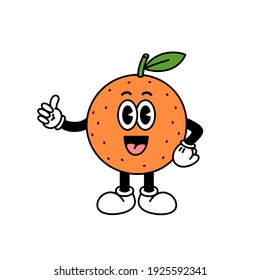 Carácter naranja aislado en fondo blanco. Ilustración vectorial en estilo vintage de dibujos animados. Fruta deliciosa exótica