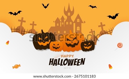 Character of orange pumpkins with silhouette halloween theme and colorful candy element on clouds, Vector illustration