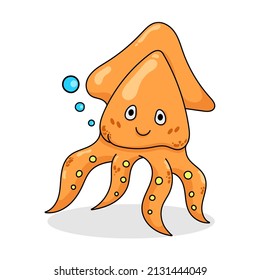 Character of Orange Squid  cartoon on white background,Drawing vector illustration.
