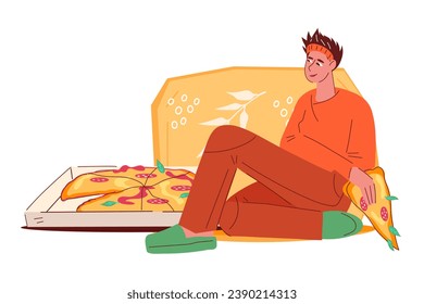 Character for ordering restaurant takeaway food and ready meals delivery services, flat vector illustration isolated on white. Woman enjoying pizza delivery service at home.