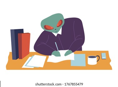 Character from outer space, representative from aliens civilization writing papers in office. Office businessman filling forms at workplace. Table with cup of coffee and files, vector in flat