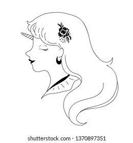 Character outline cute illustration for wallpaper, card, print, sticker, coloring book, art poster. Hand drawn pen vector stylized unicorn girl 