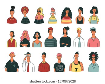 Character outline icons in various hairstyles and fashion styles. flat design style minimal vector illustration.