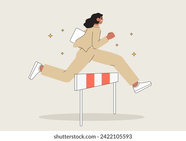 Character overcome obstacles to  succeed in her work concept. Obstacles or motivation to solve problem and lead company achievement, businesswoman jump over hurdle race obstacle vector illustration.