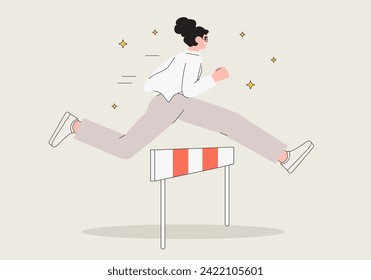 Character overcome obstacles to  succeed in her work concept. Obstacles or motivation to solve problem and lead company achievement, businesswoman jump over hurdle race obstacle vector illustration.