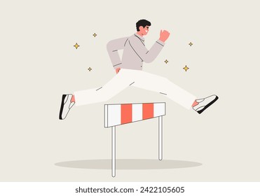 Character overcome obstacles to  succeed in his work concept. Obstacles or motivation to solve problem and lead company achievement, businessman jumping over hurdle race obstacle vector illustration.