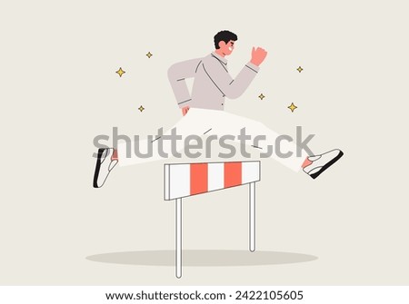 Character overcome obstacles to  succeed in his work concept. Obstacles or motivation to solve problem and lead company achievement, businessman jumping over hurdle race obstacle vector illustration.