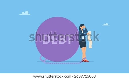 A character with overdue bill payment chained with debt burden. Debt or NPL problem, loan or lending crisis, overspending mistake causing debt burden, recession or bankruptcy, credit default.