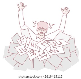 A character overwhelmed by paperwork, highlighting the struggle of managing multiple tasks and stress