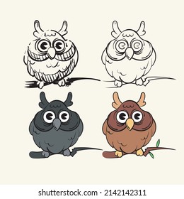Character Owl set in four variants: sketch,lineart,colorless and colored. Stages of drawing vintage toons: funny character, vector illustration trendy classic retro cartoon style 30s.