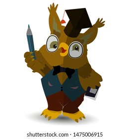 Character, owl teacher with a pencil in his hand, in the hat of the judge, on a white background, vector