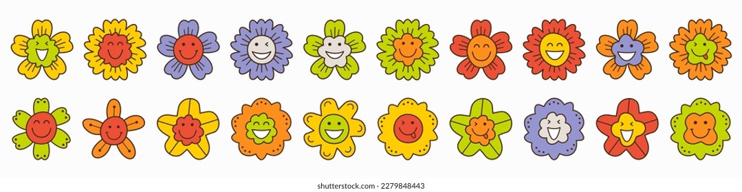 Paquete de caracteres, flores optimistas. Formas pequeñas, varios emoticonos, cara sonriente. Ilustración vectorial coloreada

