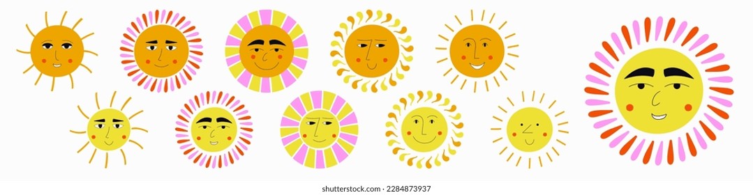 Paquete de caracteres, sol optimista. Logo de mascota, diferentes sentimientos, sol retro. Ilustración vectorial aislada
