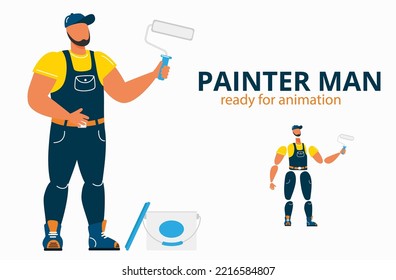 Character of painter man. Front view of repairman in uniform holding paint roller. Home renovation, house redesign. Handyman character ready for animation. Painter specialist vector illustration