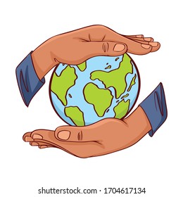 Character pair of hands holding the planet Earth. Ideal for informational and institutional. Our planet in hands of the person. Earth supported by hands.