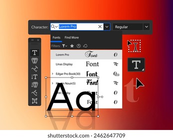 Character Panel in program for illustrators. Font selection Interface in the application. Vector illustration