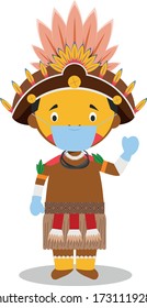 Character from Papua New Guinea (Dani Tribe) dressed in the traditional way and with surgical mask and latex gloves as protection against a health emergency