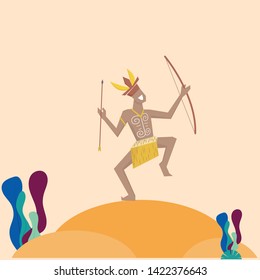 Character Papuan man wearing traditional dress perform traditional dance from Papua Indonesia vector illustration flat design, ancient dress and dance from indonesia, indonesia heritage 