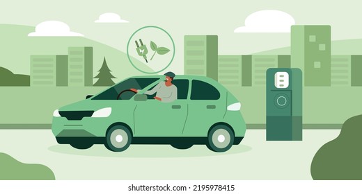 Character parking electric car near charging station in modern city. Sustainable lifestyle, electric transportation.Vector illustration.