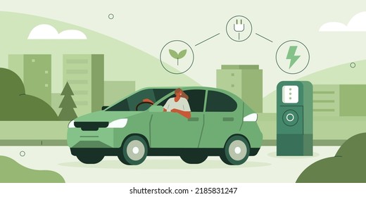 Character parking private electric car near charging station in modern city. Sustainable lifestyle, electric transportation and eco friendly vehicle concept. Vector illustration.