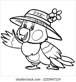 Character of a parrot in a hat is drawn in outline, isolated object on a white background, vector illustration.