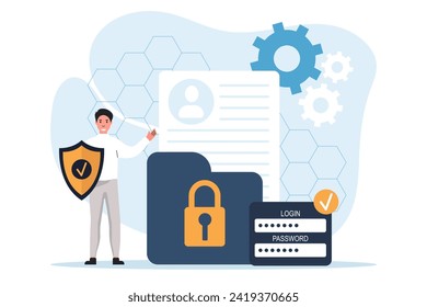 Character pass a two-level protection system,a character confident in the reliability of security, authorization and permission to access data. Data protection concept. Vector illustrations.