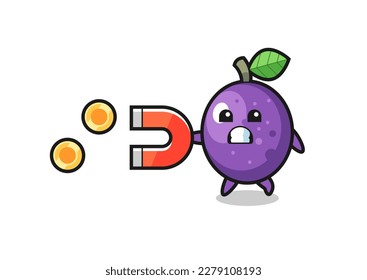 the character of passion fruit hold a magnet to catch the gold coins , cute style design for t shirt, sticker, logo element