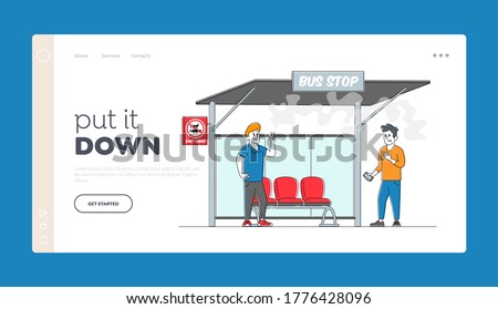 Character Passive Second Hand Smoking in Public Place, Bad Habit Landing Page Template. Man Suffer of Smoke at Prohibited Sign Man Smoker with Cigarette on Bus Stop. Linear People Vector Illustration