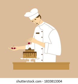 El chef de la pastelería decora el pastel con cerezas. Ilustración vectorial en el estilo moderno.