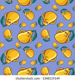 Character Pear vector lines seamless pattern. Funny doodle healthy food on a light background.