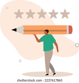 character With pencil giving feedback to show satisfaction rating. Customer user experience concept.