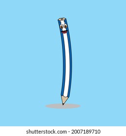 Character pencil illustration vector icon. Blue and white curved pencil