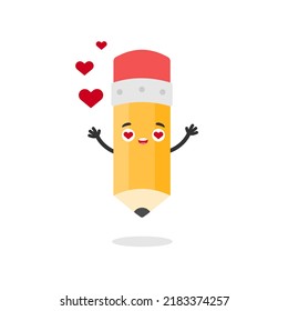 Character Pencil with love hearts. Flat vector illustration for web and graphic design