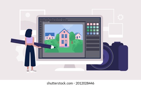 Character with pencil and photo editing computer program. Digital drawing program for photographer. Colorful flat vector drawing.