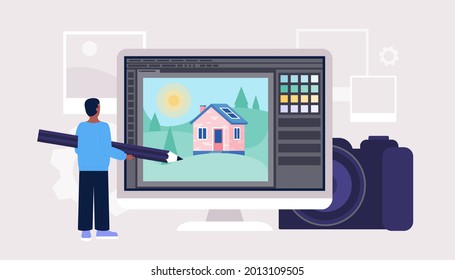 Character with pencil and photo editing computer program. Digital drawing program for photographer. Colorful flat vector drawing.